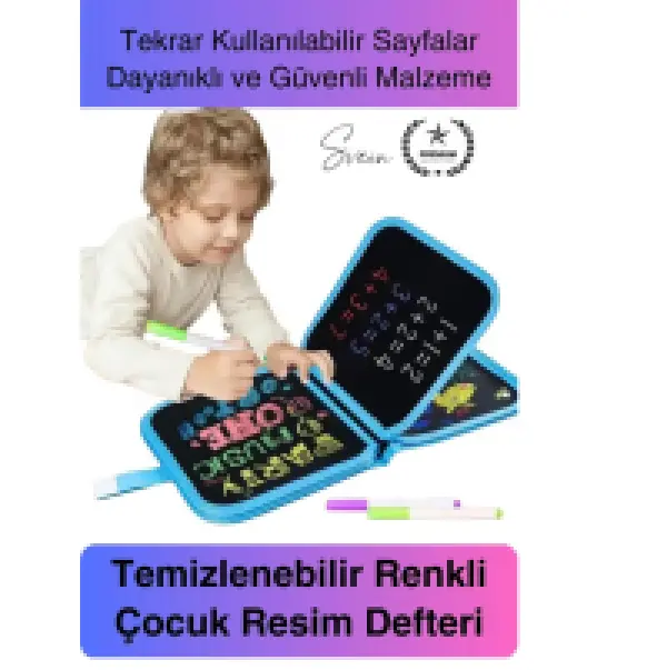 Temizlenebilir Renkli Çocuk Resim Defteri Silinebilen Boyama Kiti (2 ıslak mendil- boya kalemi Hediyeli)