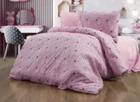 TEK KİŞİLİK RANFORCE NEVRESİM TAKIMI ( LASTİKLİ ÇARŞAF ) PEMBE YILDIZ