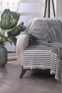 Koltuk Örtüsü 180 x 200 cm Kanepe Çekyat Divan Berjer Örtüsü Pamuklu Püsküllü (Siyah)